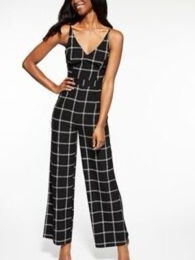Black Windowpane V-Neck Wide-Leg Jumpsuit